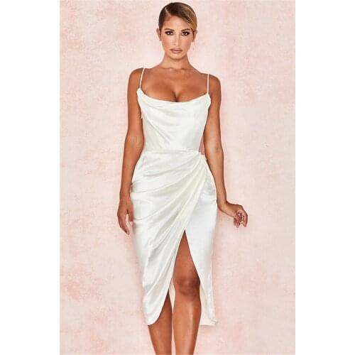 Celebrity bandage dress white satin dress sexy spaghetti straps midi woman bodycon dress 2020 autumn new