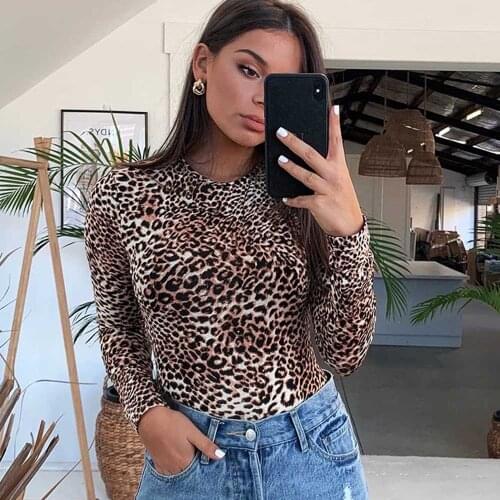 Women Bodysuits Elegant Sweet Ladies O-Neck Long Sleeve Leopard Print Skinny Jumpsuits Shirt Tee Clubwear Playsuits WDC8665