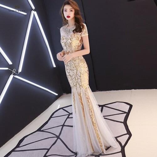 Evening Dresses Long O-Neck Evening Gowns for Women Mermaid Floor-Length Sequin Dresses Woman Party Night