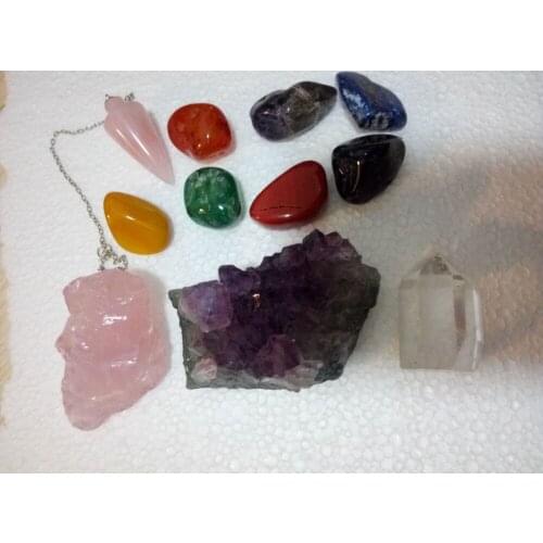 11 pcs Chakra Crystal Healing Kit / Lot of 7 Chakra tumbles, Chakra Pendulum, Amethyst Cluster, Raw Rose Quartz, and Crystal Poi