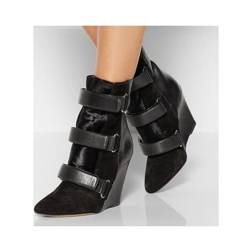 Autumn Winter Black Suede Leather Wedges High Heels Ankle Boots Female buckle Strap Height Increasing Platform Shoes Woman Botas
