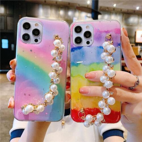 Luxury Rainbow Pearl Bracelet Soft TPU Phone Case For iphone 7 8 6 6S Plus X XR XS Max Back Cover For iphone 12 mini 11 Pro Max