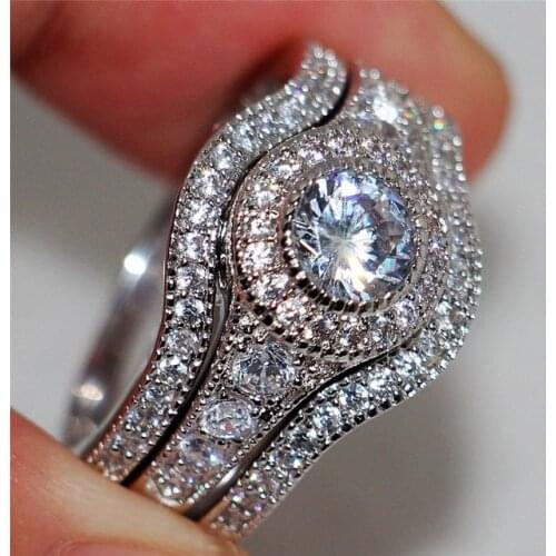 KNOCK 3pcs/Set Luxury Female White Round AAA Zircon Ring Set Fashion Silver Promise Engagement Rings For Women Jewelry