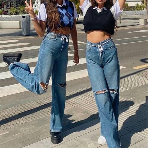 High Waist Loose Comfortable Jeans Women Fashion Ripped Knee Hollow Casual Long Wide Leg Pants Mom Washed Boyfriends