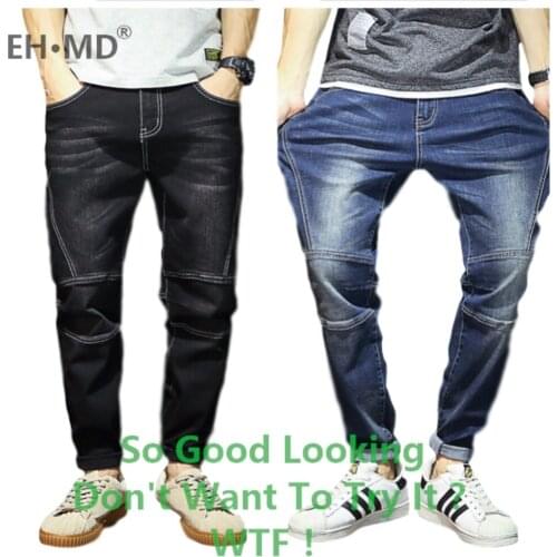 EH · MD® Oversized Jeans Mens Loose Washed Slim Fit Feet Splicing Trousers High Stretch Black Blue Feet Harem Pants 2020 New