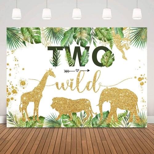 Two Wild Safari Birthday Party Backdrop Decorations Jungle Green Forest Leaves Gold Animals 2nd Birthday Background Photocall