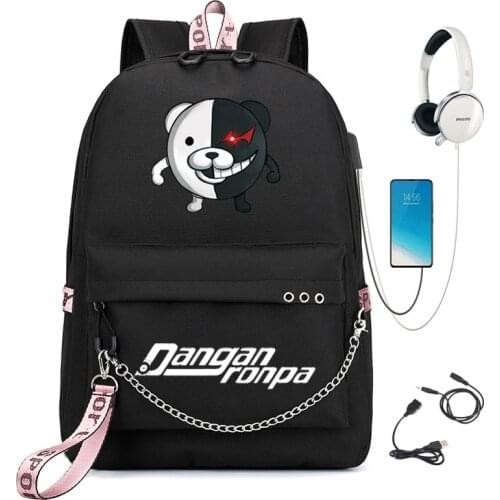 Hot Cartoon Anime Danganronpa monokuma USB Backpack Women Men Teenager School Bag Women USB Travel Rucksack Large Mochila Escola