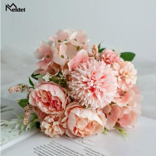 Meldel Fake Flower Bouquet 7 Heads Hydrangea Flowers Artificial Bouquet Silk Blooming Rose Peony Pompon Bride Wedding Decoration