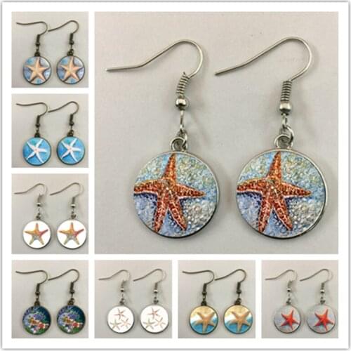Starfish pattern round glass cabochon ladies earrings Starfish fashion earrings The best gift for friends