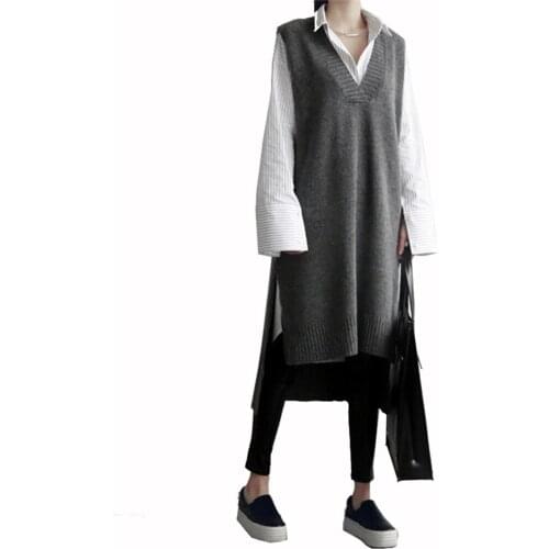 Spring Autumn Long Knit Tank Sweater Dress Sleeveless Straight Vestidos Mujer Femme Knitting V Neck Loose Women Casual