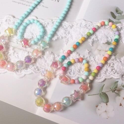 Rainbow Colorful Glass Beads Necklace Bracelets Jewelry Set for Kids Girls Play Costume Children Party Jewelry Set Accessories
