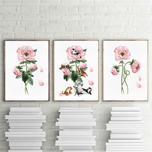 Botanical Print Set Of 3 Vintage Poster Japanese Morita Cat With Flower Animal Canvas Painting For Gift Wall Art Print Picture