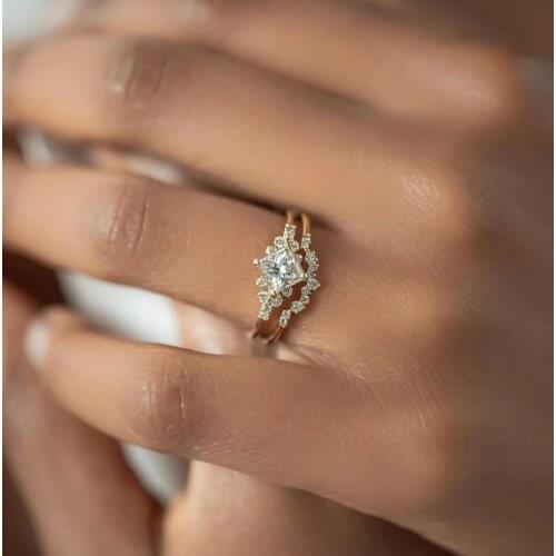 2 PCS/Set Simple White Cubic Zircon Wedding Ring Set For Women Party Engagement Jewelry Copper Hand Accessories Size 6-10