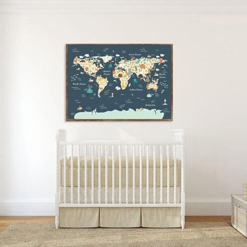 Educational Animal World Map Picture Children Poster Nursery Wall Art Canvas Print Painting Baby Kid Bedroom Playroom Home Decor