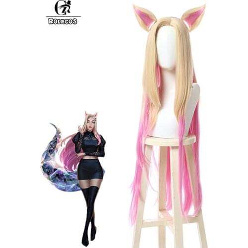 ROLECOS wig KDA Baddest Ahri Cosplay Wigs LOL KDA Cosplay Blonde Mixed Pink Wig with Ears Heat Resistant Synthetic Hair Game