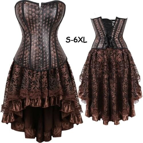 Sexy Plus Size Faxu Leather Corset Dress Set Brown Vintage Shantou Steampunk Retro Victorian Cincher Lace up Ruffle Mini skirts