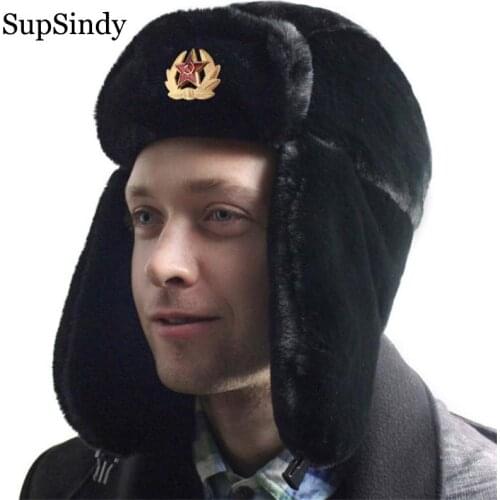 SupSindy Soviet Badge Ushanka Men&Women Bomber Hats CCCP Army Pilot Trapper trooper Hat Winter Faux Rabbit Fur Earflap Snow Caps
