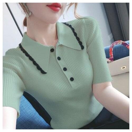 Peaked Lapel Green Summer beauty Thin Office Lady Cloth Women T-shirts Knitting Crop Short Sleeve Stretchy T-shirt Ice silk Tops