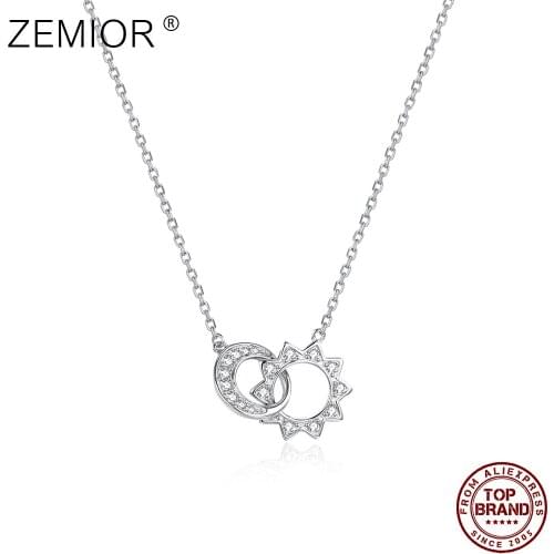 ZEMIOR Twinkle Crystal Necklace For Women 925 Sterling Silver Sun Moon Double Pendent Fine Jewelry Girl Birthday Gift Hot Sale