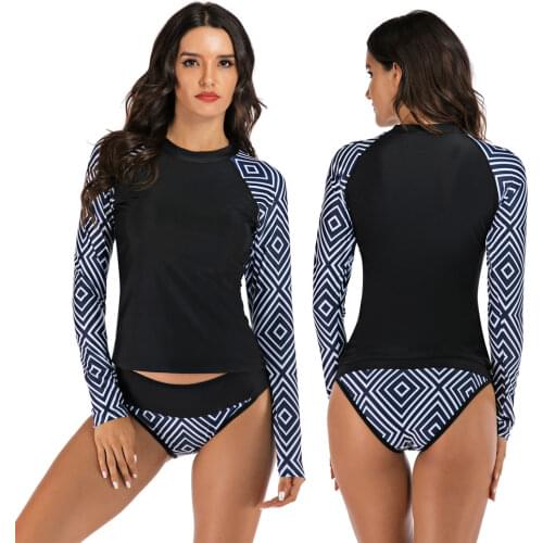 Womens Long Sleeve Rashguard Shirt Color Block Print Tankini Swimsuit Two Piece Swimwear Tops & Bottoms Beachwear Surfing Suits