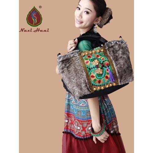 Newest Winter fashion Artificial wool women handbags Vintage canvas embroidery shoulder messenger bags