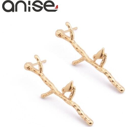Anise Vintage Gold Silver Color Tree Branches Stud Earring Fashion Tree Bird Animal Earring for Woman Simple Jewelry Pendientes