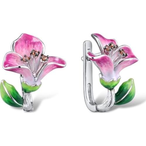 New Arrival Blooming Flower Wedding Silver Drop Earrings for Women Pink Morning Glory Enamel Temperament Bridal Party Earrings