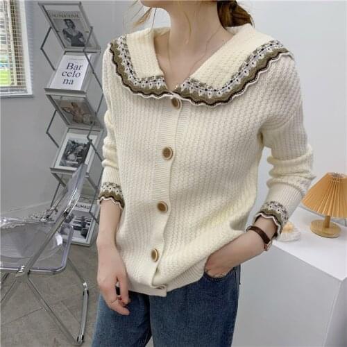 Womens Sweaters Cardigans Autumn Winter New Casual Doll Collar Buttons Stitch Colour Loose Sweater Jacket Female Knit Coat