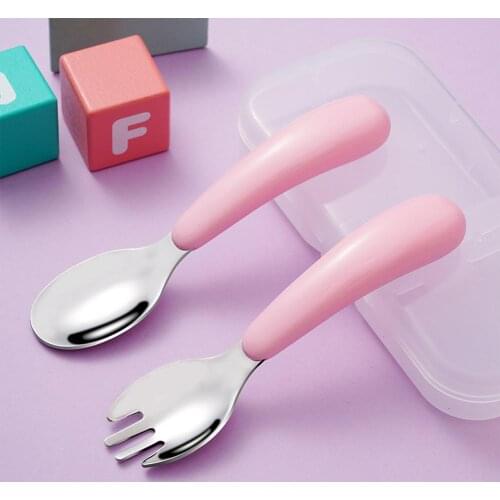 2pcs/set 304 Stainless Steel Childrens Portable Tableware With Storage Box Spoon Fork