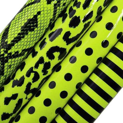 30x134cm Roll Neou Mirror Yellow With Black Leopard Stripe Faux Synthetic Leather Fabric For Handbags Bows Deoration DIY HM014