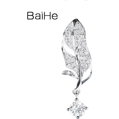 BAIHE Solid 14K White Gold 0.15ct+0.07ct Round Natural Diamond Wedding Engagement Gift Fine Jewelry Leaf diamond pendant