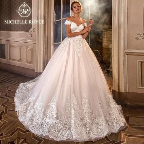 Michelle Royce Ball Gown Wedding Dresses 2020 Off the Shoulder Appliques Lace Up Chapel Train Bridal Gowns Vestido De Noiva
