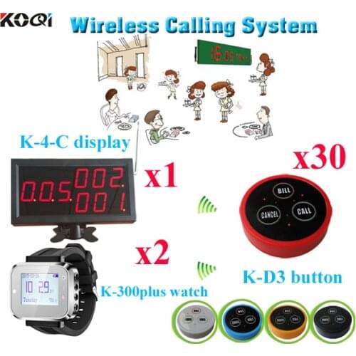 Wireless Calling Pager System Electronic Desk Bell Waiter Calling Push Button Device(1 display+ 2 watch +30 table bell button)