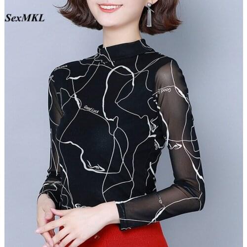 Plus Size Mesh Tops Women 2020 Fashion Long Sleeve Printed Blouses Womens Clothes Korean Elegant Summer Office Black Blouse