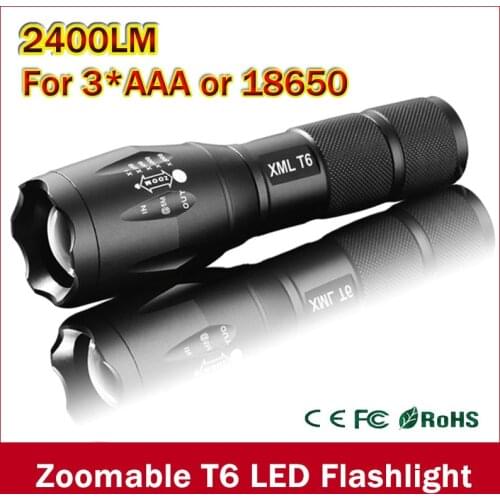 Big Promotion Ultra Bright XML-T6 2400Lumens led Torch Zoomable LED Flashlight For 3xAAA or 1x18650 Free shipping