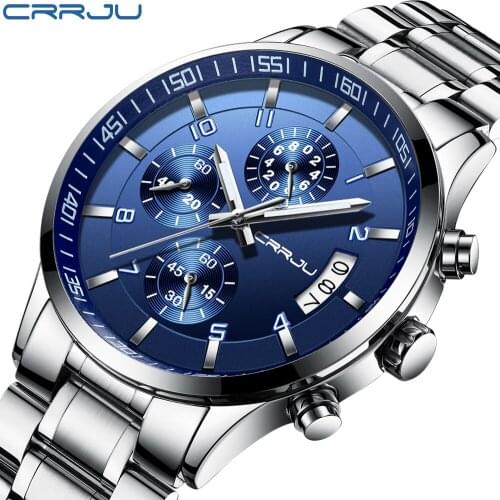 CRRJU Brand Fashion Full Steel Mens Quartz Watch chronograph Date Clock Male Sport Military Wristwatches Relogio Masculino