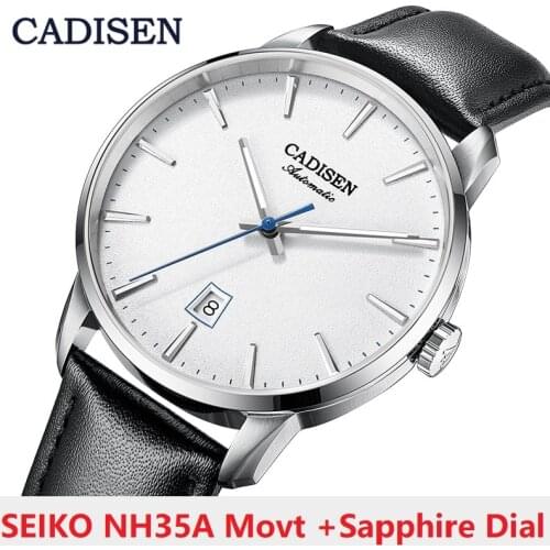 CADISEN 5Bar Clock Japan NH35A Movt Mechanical Watches Sapphire Leather Men`s Watch Auto Date Luminous Hands Wristwatch Relogio