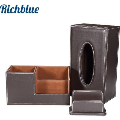 Ever Perfect PU Leather Storage Box Desktop Stationery Organizer Set 3 Pcs/Set Tissue Case Pen Holder Card Holder T102