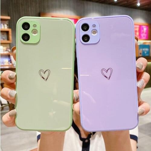 Love Heart Tempered Glass Phone Case For iPhone 11 12 Pro Max Mini XS Max X XR 7 8 Plus SE2020 Liquid Silicone Bumper Back Cover