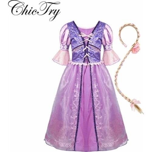 Kids Girls Children Puff Sleeves Glittery Fairy Tale Princess Halloween Costume Cosplay Party Fancy Dress with Long Braid Outfit
