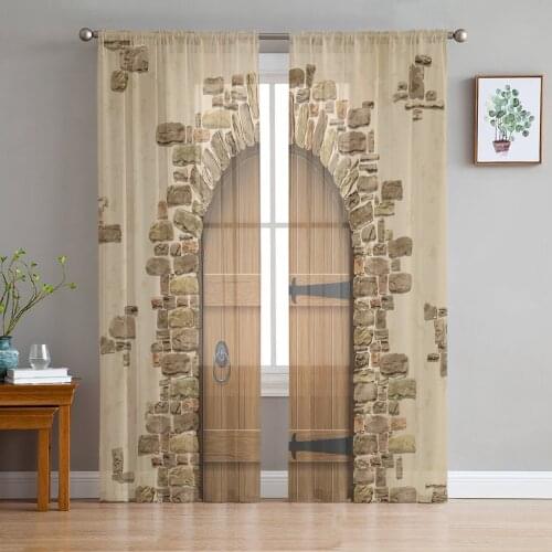 Brown Wooden Door Stone Brick Retro Tulle Sheer Window Curtains for Living Room Kitchen Children Bedroom Voile Hanging Curtain