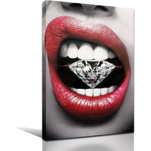 Sexy Red Lips with Red Diamond and Gold Canvas Paintings Wall Art Prints Surrealistic Wall Poster Home Decor for Living Room