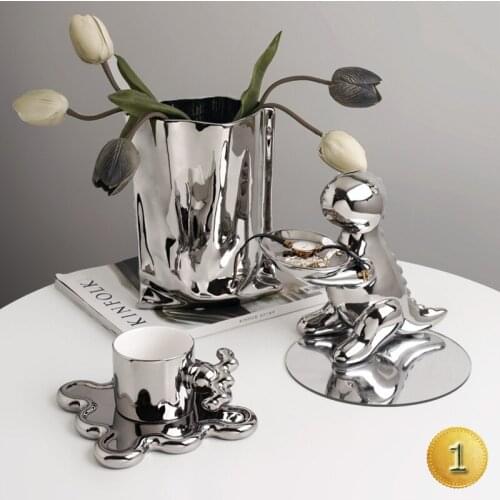 Creative Minimalist Silver Plated Vase Irregular Ceramic Ornaments Nordic Decoration Home Flower Pot Art Model Room Decoration