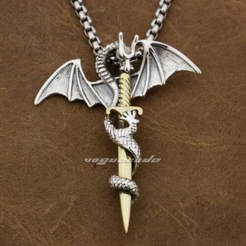 Flying Dragon & Brass Sword 925 Sterling Silver Mens Biker Rock Punk Pendant 8P027