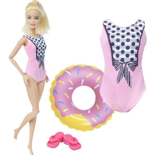 Cute Doll Swimsuit Bow-knot Handmade Dress Beach Wear Bikini SwimWear + Random Swim Ring + Slippers for Barbie Doll Accessories