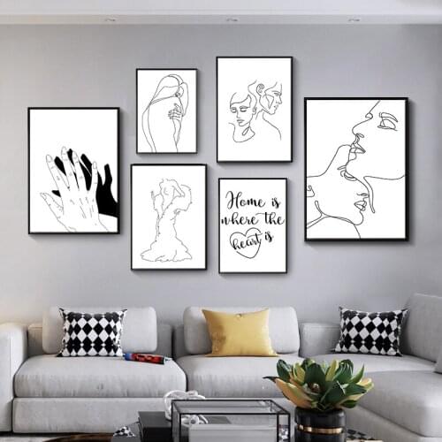 Minimalism Painting Body Line Drawing Abstract Wall Art Canvas Painting Black White Love Kiss Naked Posters And Prints Pictures