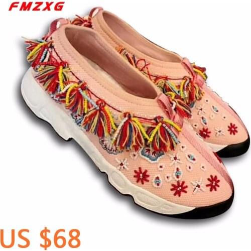 Fashion Fringe String Bead Casual Comfortable Flats Shoes Mesh High Quality Shoes Floral Spring Autumn Round Toe Sneakers Women
