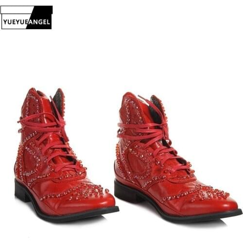 Punk Mens Winter High Top Ankle Boots Gothic Crystal Beads Genuine Leather Shoes Pointed Toe Lace Up Motorcycle Riding Boots