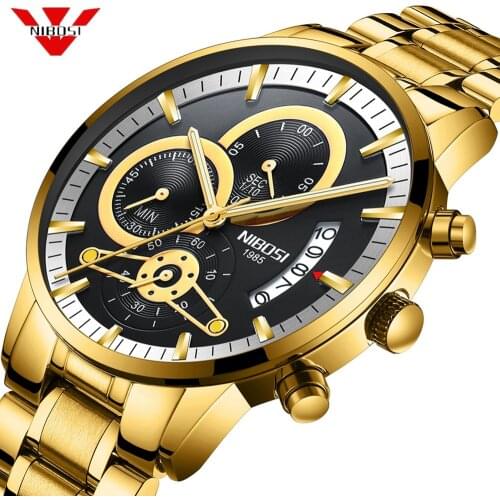 NIBOSI Mens Watches Luxury Top Brand Gold Watch Men Relogio Masculino Automatic Date Watch Quartz Luminous Calendar Wristwatch