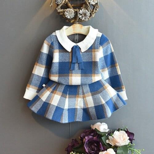 Toddler Girls Autumn Dress Babys Knitted Sweater Plaid Skirt Sets Kids Winter Casual Princess Dress New Childrens Clothes 2pcs